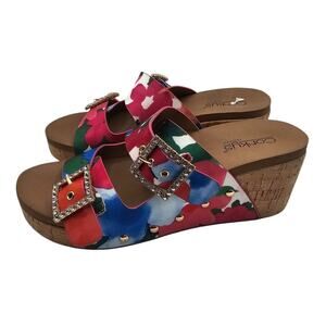 Corkys Womens Main Squeeze Floral Studded Wedge Casual Sandals Sz 9